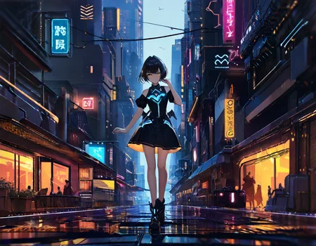 cybernetic robot <lora:cwhyberponk1:1>,cwhyberponk1,r0k@p@nk,cwhyberponk0,cwhyberponk,str33tv13w,, scenery, city, cityscape, science fiction, city lights, street, neon lights, realistic, cyberpunk, dark,, Alice Cullen, (Height, Petite, standing at approximately 4 feet 10 inches:1), (Build, Slim and graceful, with a delicate frame that emphasizes her agility and speed:1), (Hair, Short, spiky, and jet-black hair, styled in a tousled, pixie-like fashion, giving her a playful and unique look:1), (Eyes, Golden or amber-colored eyes, eyes are large and expressive, adding to her charming and mischievous aura:1), (Skin, Pale, alabaster skin that sparkles like diamonds in sunlight, as typical of vampires in the Twilight universe:1), . android, AI, machine, metal, wires, tech, futuristic, highly detailed,<lora:cwhyberponk1:1>,cwhyberponk1,r0k@p@nk,cwhyberponk0,cwhyberponk,str33tv13w,, scenery, city, cityscape, science fiction, city lights, street, neon lights, realistic, cyberpunk, dark,, Alice Cullen, (Height, Petite, standing at approximately 4 feet 10 inches:1), (Build, Slim and graceful, with a delicate frame that emphasizes her agility and speed:1), (Hair, Short, spiky, and jet-black hair, styled in a tousled, pixie-like fashion, giving her a playful and unique look:1), (Eyes, Golden or amber-colored eyes, eyes are large and expressive, adding to her charming and mischievous aura:1), (Skin, Pale, alabaster skin that sparkles like diamonds in sunlight, as typical of vampires in the Twilight universe:1), . ,