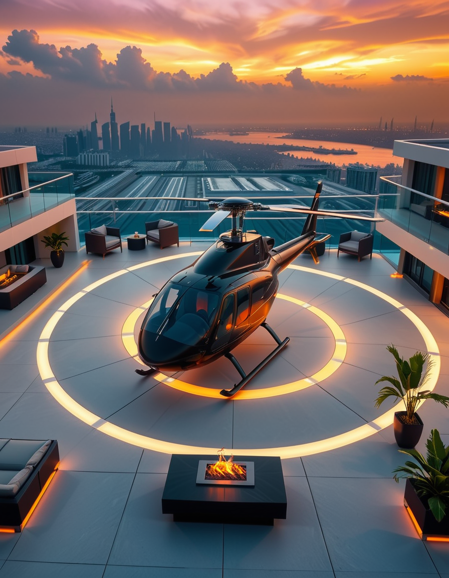 A high-resolution photo of a luxurious rooftop of a five-star hotel at sunset, featuring a sleek helipad with a high-end, matte-black private helicopter elegantly parked. The rooftop is designed with ultra-modern architecture, featuring a spacious terrace with infinity-edge glass railings, ambient lighting, and a panoramic city skyline in the background. The surface of the helipad is clean, polished concrete with clear illuminated markings. Surrounding the helipad, there are lounge areas with modern outdoor furniture, minimalist fire pits, and decorative planters with tropical greenery. The lighting is warm and golden, casting soft shadows and highlighting the contours of the helicopter and the textures of the rooftop. The sky is dramatic, painted with hues of orange, pink, and violet, creating a cinematic atmosphere of luxury and exclusivity. The overall mood is elite, calm, and aspirational, showcasing the ultimate in urban luxury lifestyle.
<lora:SDXLFaeTastic2400:0.4> <lora:extremely_detailed:0.4> extremely detailed, <lora:helipad_r00ft0p:1>,helipad r00ft0p, Masterpiece,best quality,hi res,8k,hi res,8k,award winning,(sharp focus, intricate, highly detailed),