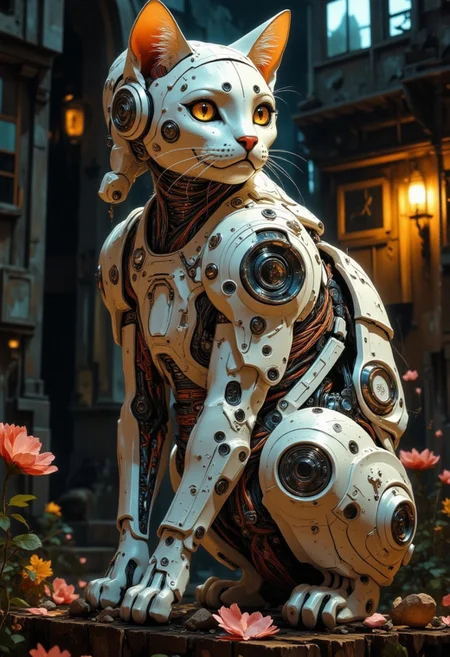 impressionist classical-style painting of a highly detailed, fantasy scene with a dramatic, robotic aesthetic. The central figure is an intricately detailed, hyper-realistic, portrait of a robotic cat girl, looking intently at the viewer, who is perched on her hind legs on a fence top late at night and bathed in moonlight. Her cat head and body are made of white plastic, shiny and smooth with multi-colored, exposed wiring going down her neck creating an organic mosaic pattern on her robotic skin. Her large cat eyes seem to hold ancient secrets. She is set against an eerie backdrop of an old warehouse. Her ornate, futuristic catsuit is adorned with delicate wiring and hand-crafted paper flowers, their petals unfolding like tiny, intricate sculptures torn and weathered by time. The overall impression is one of dramatic beauty, with an almost otherworldly quality. (((ultra-realistic style))), realistic soft lighting, dark, eye-catching, atmospheric lighting, natural, shallow depth of field, (highlights: 0.8), high detail (dynamic, cinematic shot, film grain, bokeh, depth of field,)