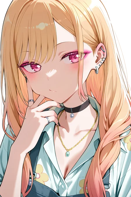 kitagawa marin, anime style, ultra detailed, high quality, far side low key light, high chroma, detailed earrings, ear bone piercing earrings, pierced ears, ear piercing, gradient hair, pearl necklace, multicolored hair, white shirt, white background, barbell piercing, jewelry, ring, black choker, choker, floral print, braid, sideways glance, portrait, black nails, industrial piercing, simple background, ear bone piercing earrings, oversized clothe, blonde hair, tattoo, shirt, looking at viewer, necklace, long hair, pink eyes,A young girl with long blonde hair and pink eyes. she has a serious expression on her face and is wearing a black choker necklace and gold earrings. her hair is styled in loose waves and falls over her shoulders. the background is white, making the girl's face and jewelry stand out. the overall style of the illustration is anime-inspired.masterpiece, best quality, very aesthetic, highres, incredibly absurdres
<lora:hinaKitagawaMarin_wifu_v5-x215c7-70k:1>