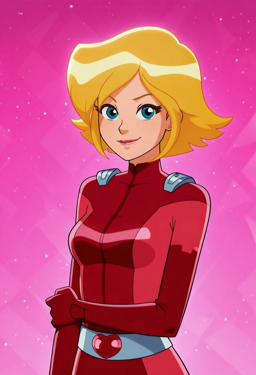 masterpiece, best quality, good quality, 1girl, solo, cartoon, totally_spies_2k24, cl0ver, blonde hair, blue eyes, red bodysuit, sexy, medium breasts, beautiful, detailed, high detailed, very beautiful, detailed face, detailed eyes, detailed hand, abstract background, neon, smile, looking at viewer, face focus