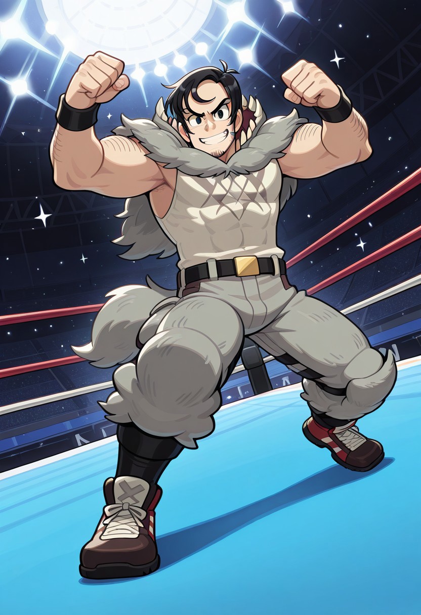Dynamic pose, dynamic view, dynamic angle, cartoon source, solo, male focus, 1boy, beowulf, male,Black eyes, Black hair, sideburns, facial hair, mucular body, wolf suit, Upper body, official art, solo, fighting stance, full body, grin, looking at viewer, wrestling ring, stadium, sparkle, 
perfect anatomy, masterpiece, perfect quality, best quality, detailed, newest, very aesthetic