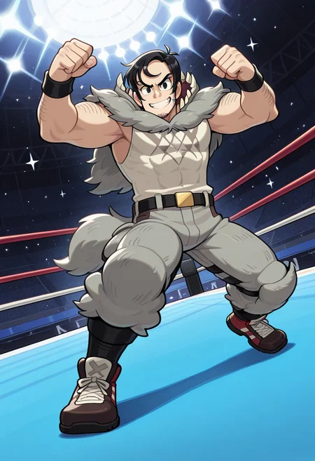 Dynamic pose, dynamic view, dynamic angle, cartoon source, solo, male focus, 1boy, beowulf, male,Black eyes, Black hair, sideburns, facial hair, mucular body, wolf suit, Upper body, official art, solo, fighting stance, full body, grin, looking at viewer, wrestling ring, stadium, sparkle,
perfect anatomy, masterpiece, perfect quality, best quality, detailed, newest, very aesthetic