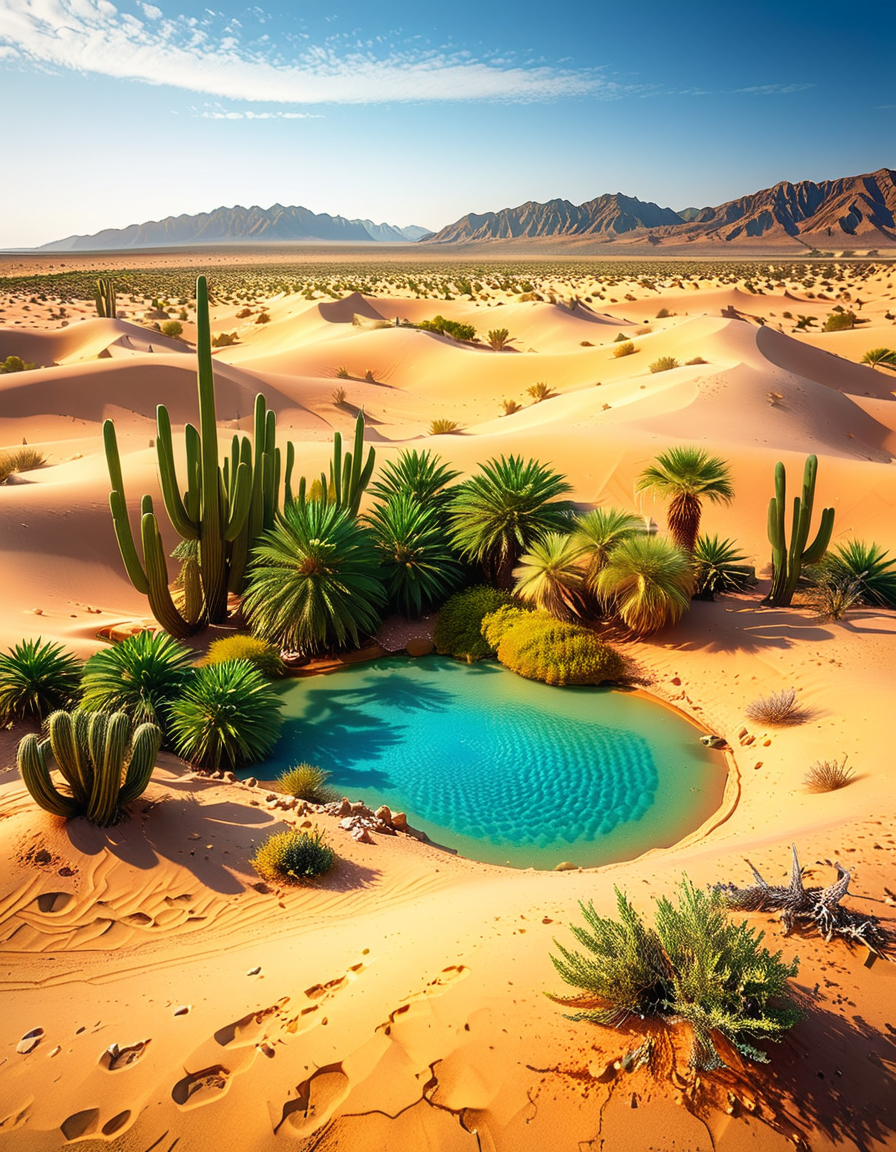 A serene oasis in the middle of an expansive golden desert, surrounded by rolling sand dunes under a vibrant blue sky. The oasis features a small, crystal-clear lagoon with calm, reflective water, bordered by lush green palm trees and colorful tropical plants. The scene is bathed in warm sunlight, with soft golden light illuminating the sand and creating subtle shadows among the dunes. In the background, faint silhouettes of distant mountains blend into the horizon. A few wisps of white clouds drift lazily in the sky, adding depth and texture to the composition. The overall atmosphere is peaceful and tranquil, evoking a sense of calm and wonder in the harsh desert landscape.<lora:SDXLFaeTastic2400:0.4> <lora:extremely_detailed:0.4> extremely detailed, <lora:O4s1s:1>,O4s1s, Masterpiece,best quality,hi res,8k,hi res,8k,award winning,(sharp focus, intricate, highly detailed),