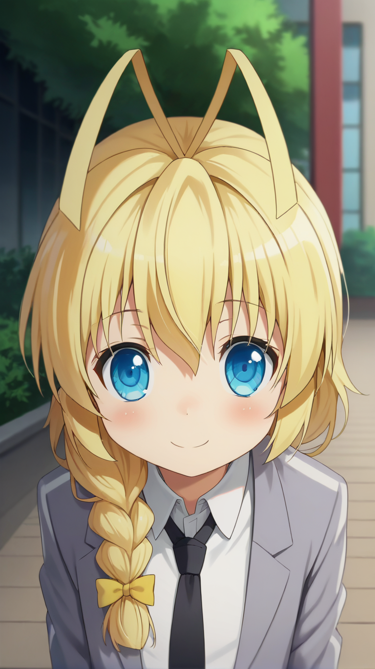score_9,score_8_up,masterpiece,best quality,correct anatomy,anime_source,1boy,solo,perfect eyes,perfect arms,perfect legs,perfect face,outdoors,upper body,(portrait:1.5),looking at viewer,facing viewer,smile,blush,Hasuta,otoko no ko,antenna hair,long hair,blonde hair,single braid,hair bow,yellow bow,hair over shoulder,sidelocks,hair between eyes,bangs,blue eyes,school uniform,grey jacket,Blazer,black necktie,white shirt,collared shirt,long sleeves,black pants,loafers,brown footwear,<lora:Hasuta(hns)-Pony:1.6>,