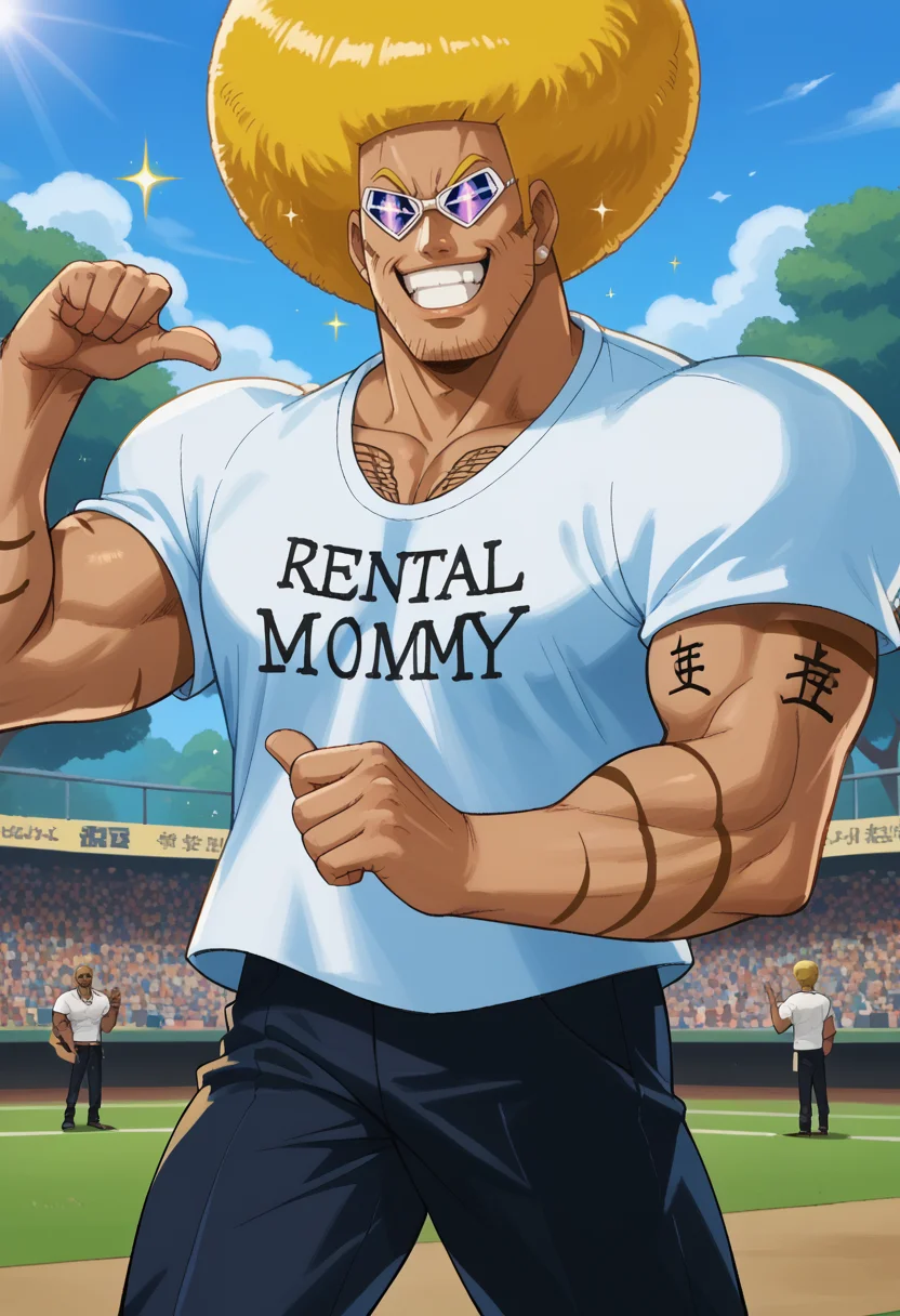 zPDXL3,
BREAK
(1boy, solo:1.2), bobobo-bo bo-bobo, (muscular), afro, blonde hair, sunglasses, chest hair, arm hair, "rental mommy", clothes writing, white shirt, t-shirt, black pants, huge smile, teeth, dark-skinned male, manly, thumb pointing, pointing at self, sparkles
<lora:Bobobo-bo_Bo-bobo:1><lora:rentalmommy-outfit-richy-v1_pdxl:0.8> <lora:ThumbPointingAtSelf_XLPD:1> <lora:add-detail-xl:2>