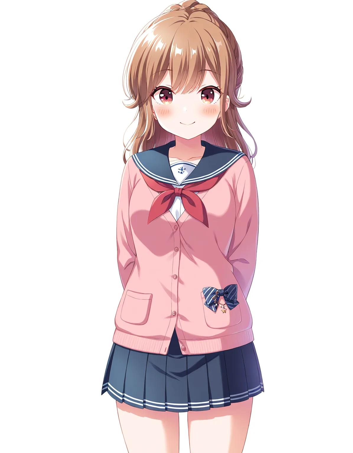 1girl, solo, cowboy shot, hayasaka mei, idoly pride, serafuku, pink cardigan, standing, arms behind back, looking at viewer, smile, blush, (simple background, white background), BREAK, <lora:iMei:0.72>,
very aesthetic, high definition, amazing quality, masterpiece, best quality, highres, absurdres, sensitive, newest, anime screenshot, screencap