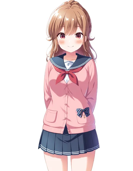 1girl, solo, cowboy shot, hayasaka mei, idoly pride, serafuku, pink cardigan, standing, arms behind back, looking at viewer, smile, blush, (simple background, white background), BREAK, <lora:iMei:0.72>,
very aesthetic, high definition, amazing quality, masterpiece, best quality, highres, absurdres, sensitive, newest, anime screenshot, screencap