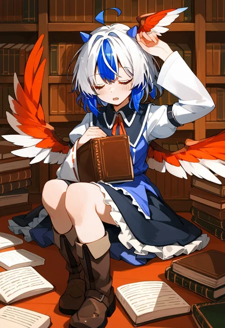 score_9, score_8_up, score_7_up, source_anime, TOKIKO (TOUHOU), TOKIKO REGULAR WEAR, 1girl, solo, blush, short hair, open mouth, bangs, long sleeves, dress, holding, blue hair, full body, closed eyes, ahoge, white hair, multicolored hair, boots, wings, horns, puffy sleeves, wide sleeves, arm up, two-tone hair, book, brown footwear, sleeping, head wings, holding book, bookshelf, bird wings, book stack, red wings, tokiko \(touhou\)