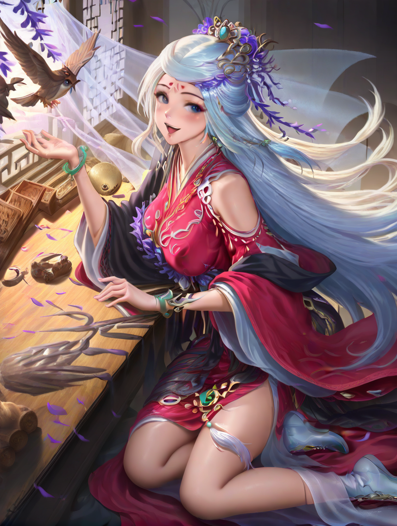 masterpiece,best quality,amazing quality,very aesthetic,high resolution,ultra-detailed,absurdres,newest,volumetric lighting BREAK <lora:BUFFv2.2:1>,<lora:NOOB_vp1_detailer_by_volnovik_v1:1>,covered nipples,running incoming,((looking at viewer:1.4)),smile,blush,open mouth,off shoulder,bare shoulders,shiny skin,1girl,((show power:1.8)),motion lines,feet focus,full body,<lora:huangyuey:1>,1girl,bird,bracelet,chinese clothes,facial mark,flower,hair flower,hair ornament,jewelry,long hair,table,white hair,