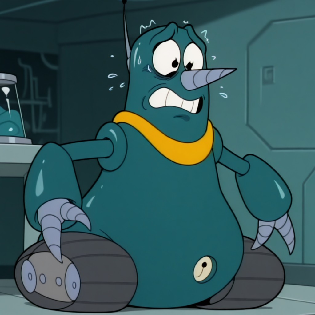 masterpiece, best quality, amazing quality, gr0und3r, male, solo, robot, tank-like, teal body, antennae, black eyes, pointy nose, yellow collar, drill hands, tracked wheels, backplate, nervous, scared, indoors, laboratory, fullbody