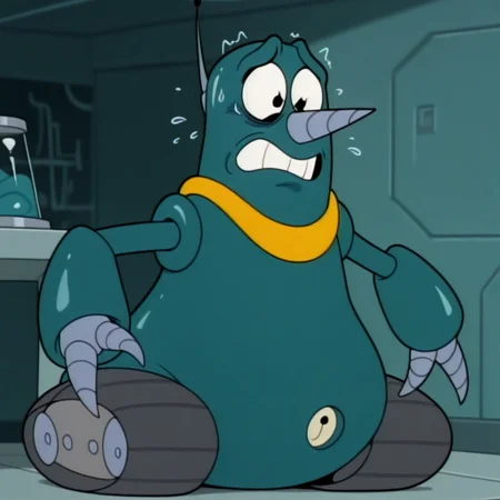 masterpiece, best quality, amazing quality, gr0und3r, male, solo, robot, tank-like, teal body, antennae, black eyes, pointy nose, yellow collar, drill hands, tracked wheels, backplate, nervous, scared, indoors, laboratory, fullbody