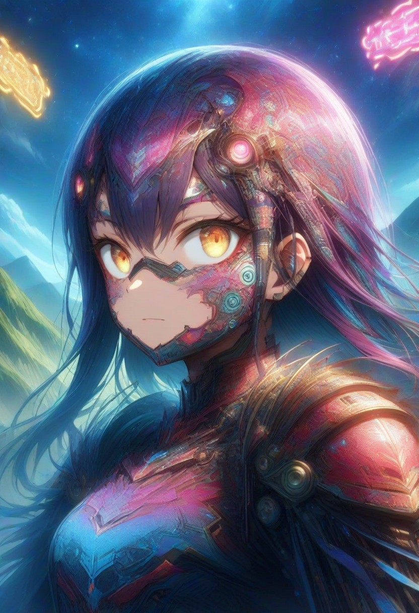 score_9, score_8_up, score_7_up, sfw, wm_cyber, 
delicate patterns, bright colors, vivid, full color, 
1girl, Nagatoro_Hayase, armor, warrior, close up, focus on face, 
outdoors, landscape, mountains, futuristic, cyber, neon lights, night, starry sky,