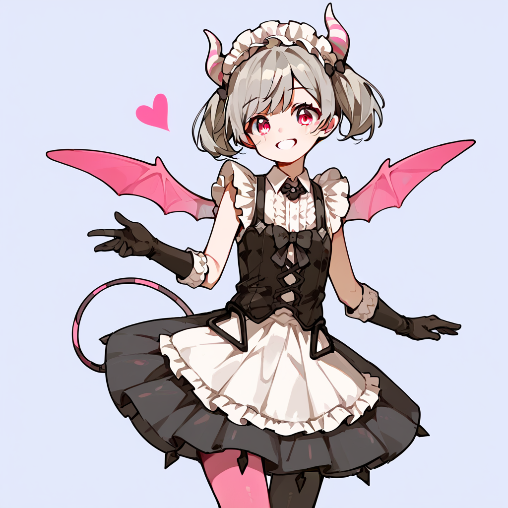 score_9, score_8_up, score_7_up,
simple background, smile,
1girl, solo, ariane, grey hair, short twintails, pink eyes, maid headdress, horns, mini wings, pantyhose, gloves,
<lora:ariane_pony_v1:0.6>