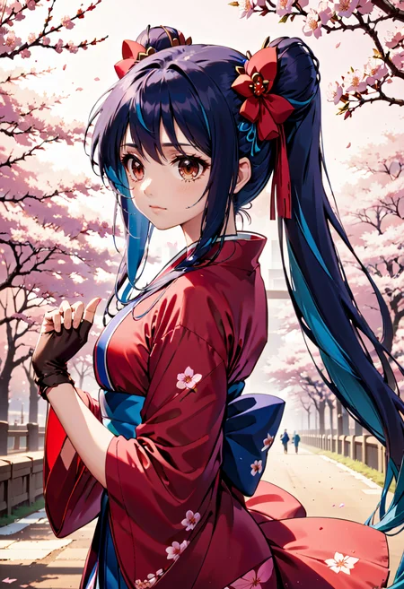 AnidskXL, 1girl, blue hair, bow, brown eyes, cherry blossoms, fingerless gloves, gloves, hair bow, japanese clothes, kimono, long hair, object namesake, pink kimono, ponytail, red bow, solo <lora:AnimeSDXLv1:0.8>