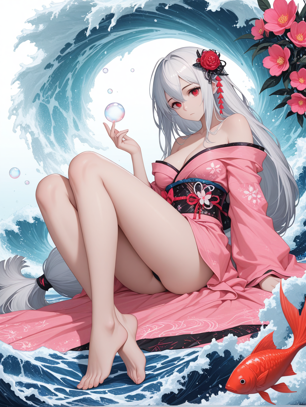skadi \(arknights\), 1girl, bare legs, bare shoulders, barefoot, bubble, feet, fish, flower, japanese clothes, kimono, long hair, looking at viewer, low-tied long hair, pink kimono, red eyes, solo, waves, white hair, masterpiece, best quality