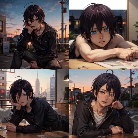 <lora:yato02-000025:0.6>, yato, 1boy, black hair, cityscape, full body,head rest, lips, short hair, looking at viewer, nose, blue eyes, (brown boots:0.2), night, masterpiece, city lights, looking looking at viewer, detailed face