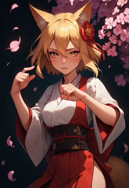 score_9_up, score_8_up, score_7_up, score_6_up, 1girl, 25 years old, perfect face, cute, petite,
yellow eyes, fox girl, fox tail,
blonde hair, animal ears, fox ears, animal ear fluff, hair ornament, hair flower, hair between eyes, short hair,
miko, japanese clothes, ribbon mesh sleeves,
cherry blossoms, depth of field
kicking, kicking at viewer