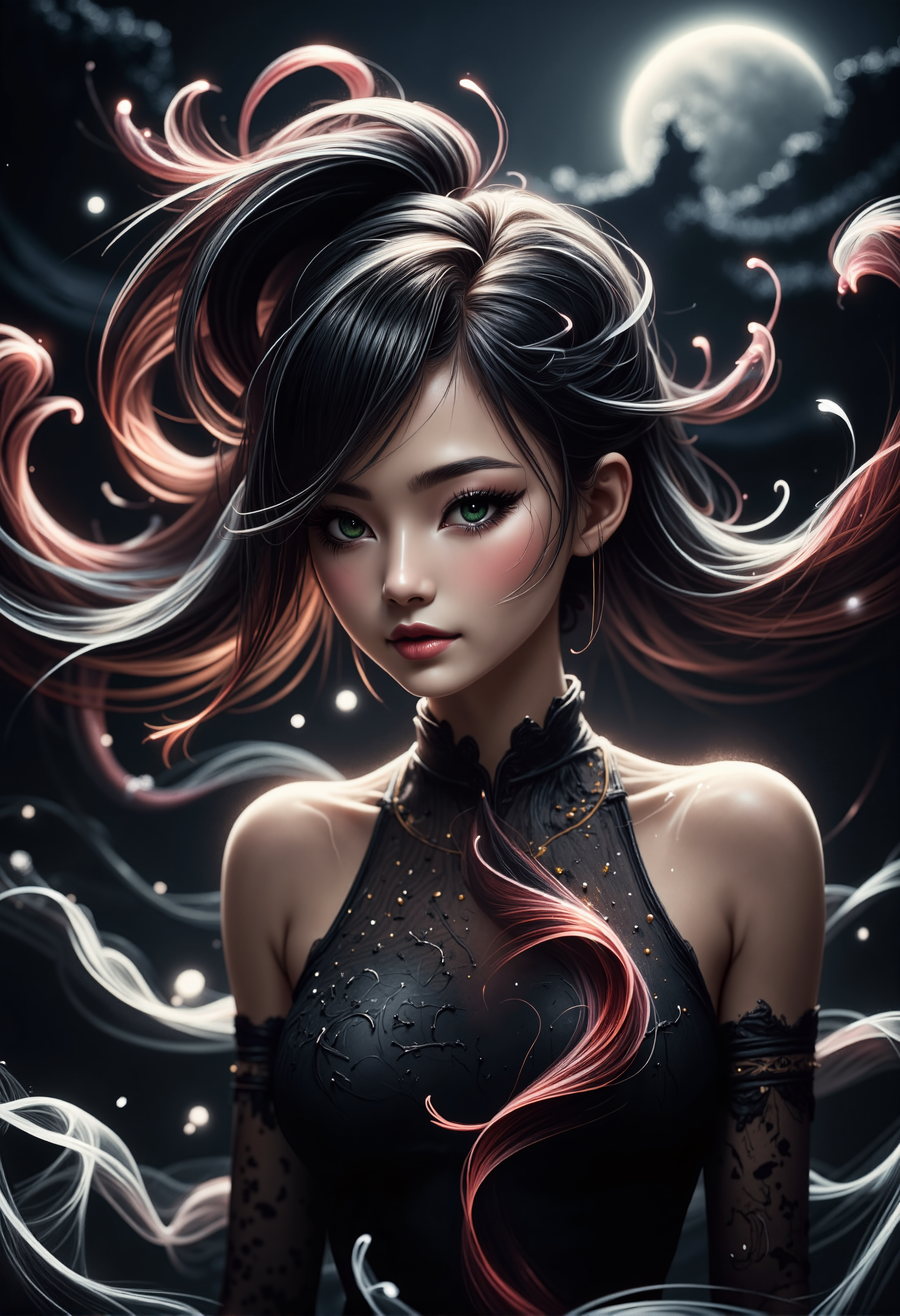 mad-wsps, xslx scribble, detailmaximizer. A medium close-up of a stunning young Asian woman, captured from her shoulders up as she gracefully dances under the full moon. Her delicate, smoky makeup enhances her deep green eyes, giving them an otherworldly glow, while the moonlight accentuates the red shimmer in her deep black hair. Her hair is styled in a traditional Chinese manner, with part of it pinned up and the rest flowing freely. The ornate details of her black dress, adorned with subtle white embroidery along the collar and sleeves, are visible. Behind her, the decorative eaves of the palace rooftop are highlighted by the soft moonlight, adding to the spiritual and mystical atmosphere., <lora:RealisticAnimeFlux_v2.safetensors:1.0:1.0> <lora:Wisps_of_Light_FLUX.safetensors:0.8:0.8> <lora:scribble-flux-v1.safetensors:1.0:1.0> <lora:aidmaImageUpgrader-FLUX-V0.1.safetensors:0.5:0.5>
