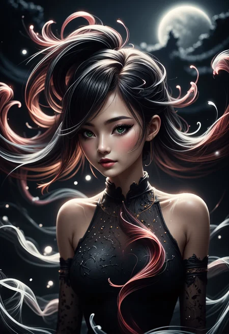 mad-wsps, xslx scribble, detailmaximizer. A medium close-up of a stunning young Asian woman, captured from her shoulders up as she gracefully dances under the full moon. Her delicate, smoky makeup enhances her deep green eyes, giving them an otherworldly glow, while the moonlight accentuates the red shimmer in her deep black hair. Her hair is styled in a traditional Chinese manner, with part of it pinned up and the rest flowing freely. The ornate details of her black dress, adorned with subtle white embroidery along the collar and sleeves, are visible. Behind her, the decorative eaves of the palace rooftop are highlighted by the soft moonlight, adding to the spiritual and mystical atmosphere., <lora:RealisticAnimeFlux_v2.safetensors:1.0:1.0> <lora:Wisps_of_Light_FLUX.safetensors:0.8:0.8> <lora:scribble-flux-v1.safetensors:1.0:1.0> <lora:aidmaImageUpgrader-FLUX-V0.1.safetensors:0.5:0.5>