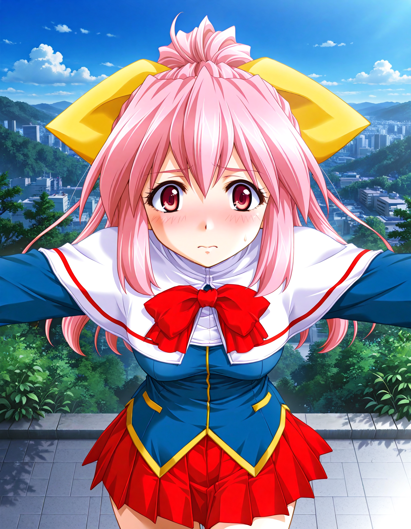 (1girl, solo:1.3), (2girls, 3girls, 4girls, multiple girls, 2boys, 3boys, 4boys, multiple boys:-1.5) <lora:Inuyama_Tsumugi_Dokusen_Illustrious:0.9>, inuyama_tsumugi, medium breasts, red eyes, pink eyes, pink hair, long hair, ponytail, hair bow, hair ribbon, yellow ribbon, school uniform, long sleeves, wrist cuffs, white capelet, capelet, red bowtie, bowtie, red skirt, pleated skirt, miniskirt embarrassed, open eyes, general, contrapposto, dynamic pose, outstretched arms, portrait, straight-on, from above, , outdoors, central park, tree, weeds, cityscape, sky, cloud, , <lora:NOOB_EPSv1_1_detailer_by_vlnvk_v1_0:1.5>, (photo background:0.7), night, (tachibana yuu:0.6), inue shinsuke, (kazuma muramasa:0.0), saikawa yusa, (aoi manabu:0.6), abarerumidori, (suzui narumi:0.6), masterpiece, newest, absurdres, 8K, anime screenshot, anime coloring, flat color, official art, film grain, <lora:illustriousXLv01_stabilizer_v1.185c:0.7>, <lora:LECO_Solo:-4.0>,