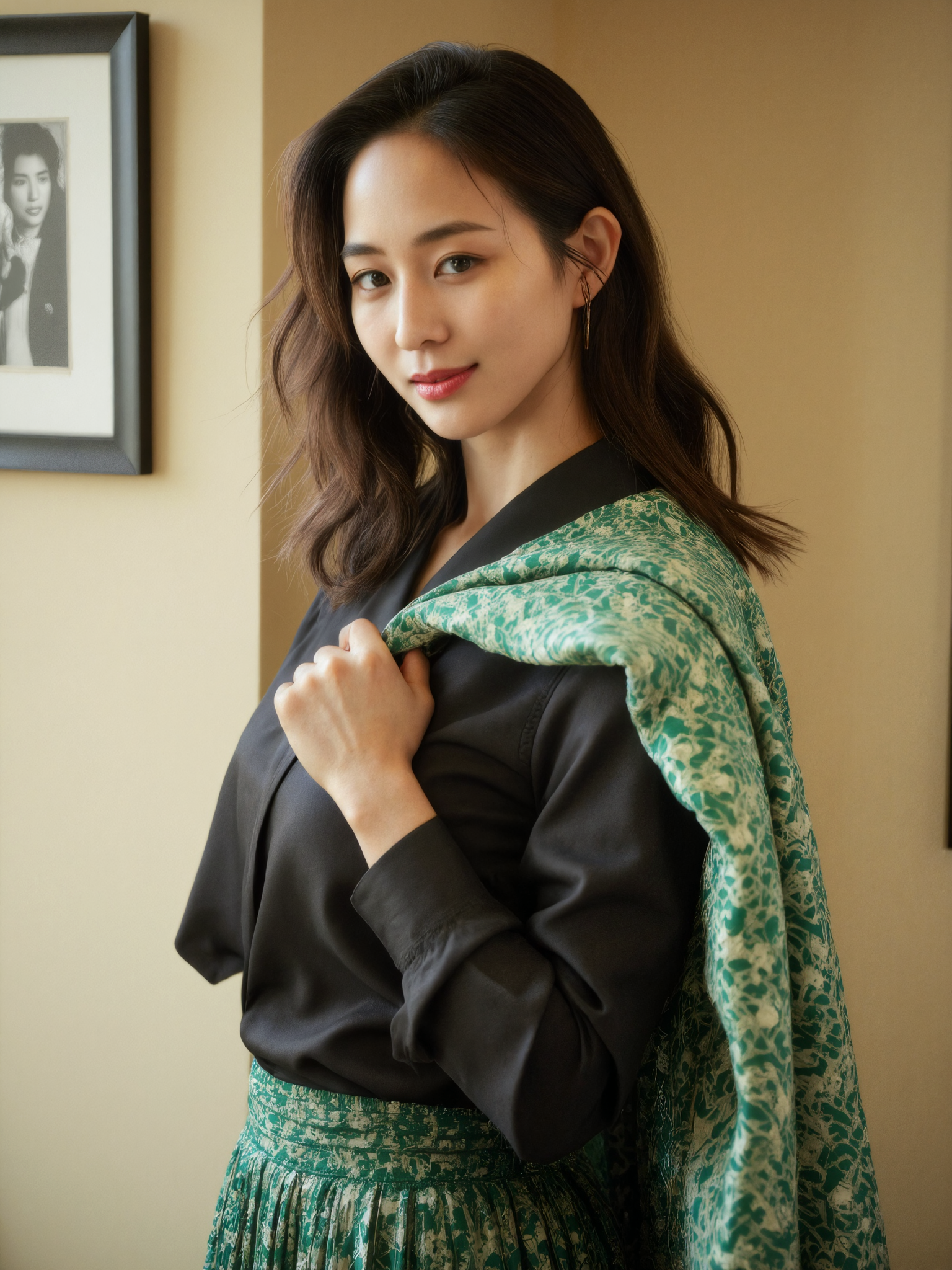 This is a high-resolution photograph featuring a young Asian woman with long, wavy dark hair, standing indoors. She is positioned slightly to the right of the frame, with her body angled towards the camera, creating a dynamic composition. The lighting is soft and natural, likely from a nearby window, casting gentle highlights on her face and creating a warm, inviting atmosphere.

She is wearing a black, silky blouse with a high collar and a green, patterned skirt. She is in the process of putting on or taking off a green shawl with a geometric design, which adds texture and interest to the image. Her expression is calm and slightly introspective, with a subtle, inviting smile. Her makeup is minimal, enhancing her natural beauty with a touch of pink lipstick.

In the background, there is a framed black and white drawing on a beige wall, adding an artistic touch to the setting. The image uses the rule of thirds, with the woman's face and upper body placed along the top third line, drawing the viewer's attention to her expressive eyes and delicate features. The photograph is taken at a slightly low angle, emphasizing her height and the elegance of her posture.