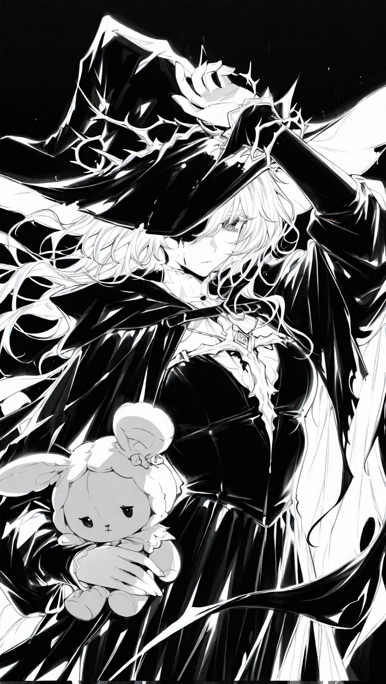1girl, arm up, bangs, black background, blood, closed mouth, covered eyes, dress, floating hair, greyscale, hooded cloak, long hair, long sleeves, looking at viewer, monochrome, one eye covered, simple background, solo, stuffed toy, thorns, witch hat <lora:RavenScript :1>