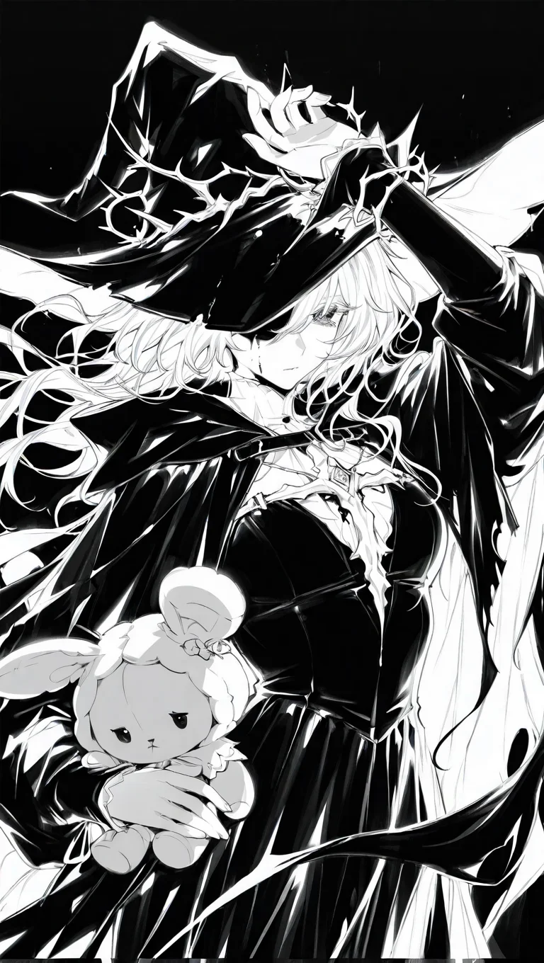 1girl, arm up, bangs, black background, blood, closed mouth, covered eyes, dress, floating hair, greyscale, hooded cloak, long hair, long sleeves, looking at viewer, monochrome, one eye covered, simple background, solo, stuffed toy, thorns, witch hat <lora:RavenScript :1>