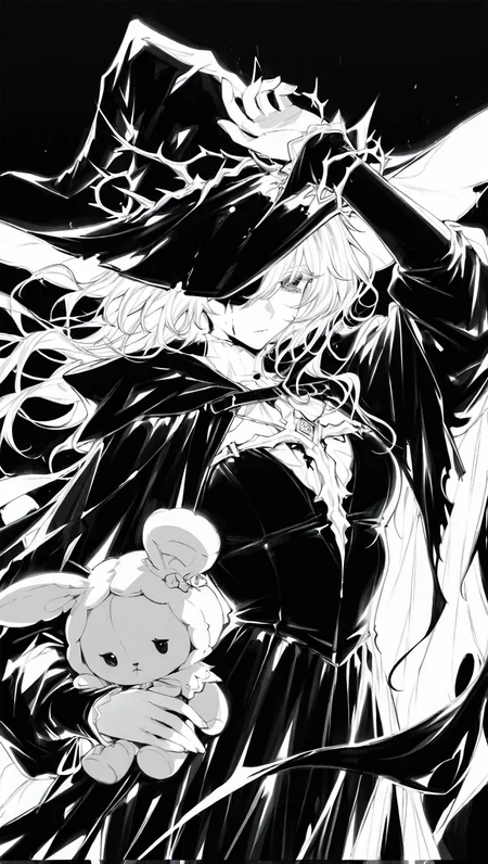 1girl, arm up, bangs, black background, blood, closed mouth, covered eyes, dress, floating hair, greyscale, hooded cloak, long hair, long sleeves, looking at viewer, monochrome, one eye covered, simple background, solo, stuffed toy, thorns, witch hat <lora:RavenScript :1>