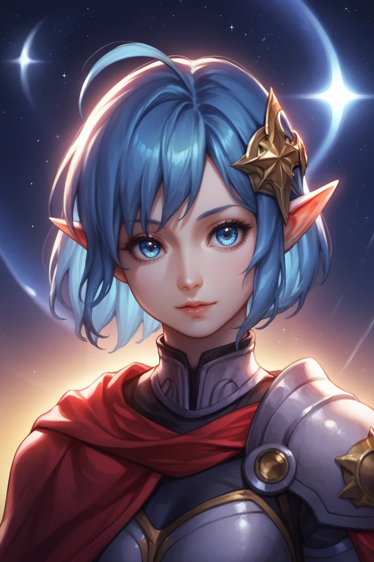 score_9, score_8_up, score_7_up, score_6_up, star ocean, 1girl, rena lanford, ahoge, armor, [blue:opal:0.5] eyes, blue hair, cape, hair ornament, pleated skirt, pointy ears, short hair, beautiful detailed eyes, from above, upper body, (close-up:1.2), space, star \(sky\), spiral galaxy, portrait, official wallpaper, backlighting, <lora:yukihiro_kajimoto_so2r_pony:0.8> <lora:IOS_Iridescent_opal_style:0.8>, <lora:Calmlike V3.457:1> calmfd