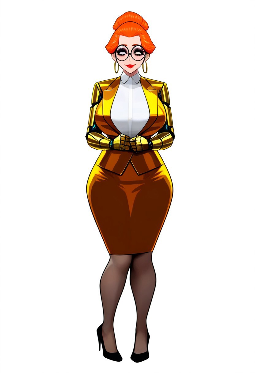 sfw, score_9, score_8_up, score_8, score_7_up, score_7, (best quality), Source_cartoon, qu4ntum, cyberpunk office background, solo, 1girl, mature female, gorgeous older woman, 40 year old woman, expressive eyes, delighted expression, long lashes, high cheekbones, orange hair, ((updo hairstyle)), full body, voluptuous, milf, red lips, luscious lips, cybernetic arms, cybernetic mechanical arms, prosthesis, makeup thick thighs, large black glasses, oval shaped glasses, hoop earrings, jewelry, white shirt, gold suit, formal, gold pencil skirt, black high heels, Rating_PG