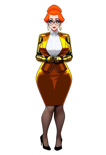 sfw, score_9, score_8_up, score_8, score_7_up, score_7, (best quality), Source_cartoon, qu4ntum, cyberpunk office background, solo, 1girl, mature female, gorgeous older woman, 40 year old woman, expressive eyes, delighted expression, long lashes, high cheekbones, orange hair, ((updo hairstyle)), full body, voluptuous, milf, red lips, luscious lips, cybernetic arms, cybernetic mechanical arms, prosthesis, makeup thick thighs, large black glasses, oval shaped glasses, hoop earrings, jewelry, white shirt, gold suit, formal, gold pencil skirt, black high heels, Rating_PG
