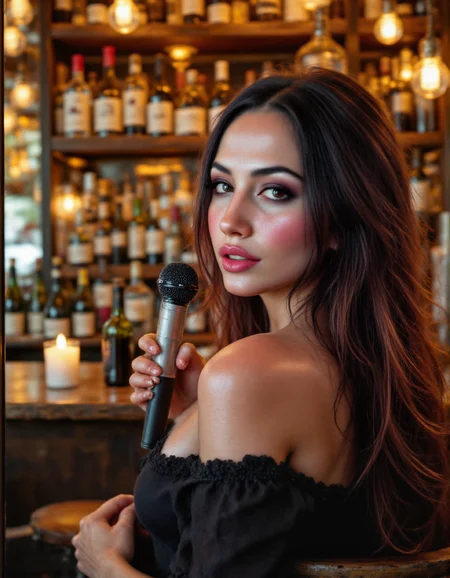 candid photo of photograph of fantastic, highly detail, concept art, low angle, sensual ""noshi"", posing for wine shoots, in a chic, upscale bar, surrounded by wine bottles and candles, alluring, provocative, sensual lighting, dynamic lighting, cel shaded, markers, dreamcore, cozy, lo-fi, neo-tokyo, bold centered composition. in the rugged american frontier of the 19th century. in the enchanting magic hour. with warm, golden sunlight just before sunset. shot on canon eos 5d mark iv. with high dynamic range color grading,, full body, natural lighting, dutch angle, red digital cinema camera, kodak vision3 imax, 50mm, full body, (woman 30-years-old :1.15), curvy, (brown eyes:1.05), (pink lips:1.05), sarcastic, (platinum hair style:1.05), (copper hair color:1.05), (long hair length:1.05), (natural skin:1.04), (detailed skin:1.03), (skin pores:0.1), eyes details, iris details, (eyeshadow make-up:1.05), (eyeliner make-up:1.05), (mascara make-up:1.05), (blush make-up:1.05), (lipstick make-up:1.05), (lip gloss make-up:1.05), (holding microphone pose:1.25), fill light, fashion photography, hdr photography, (professional photo, balanced photo, balanced exposure:1.2)