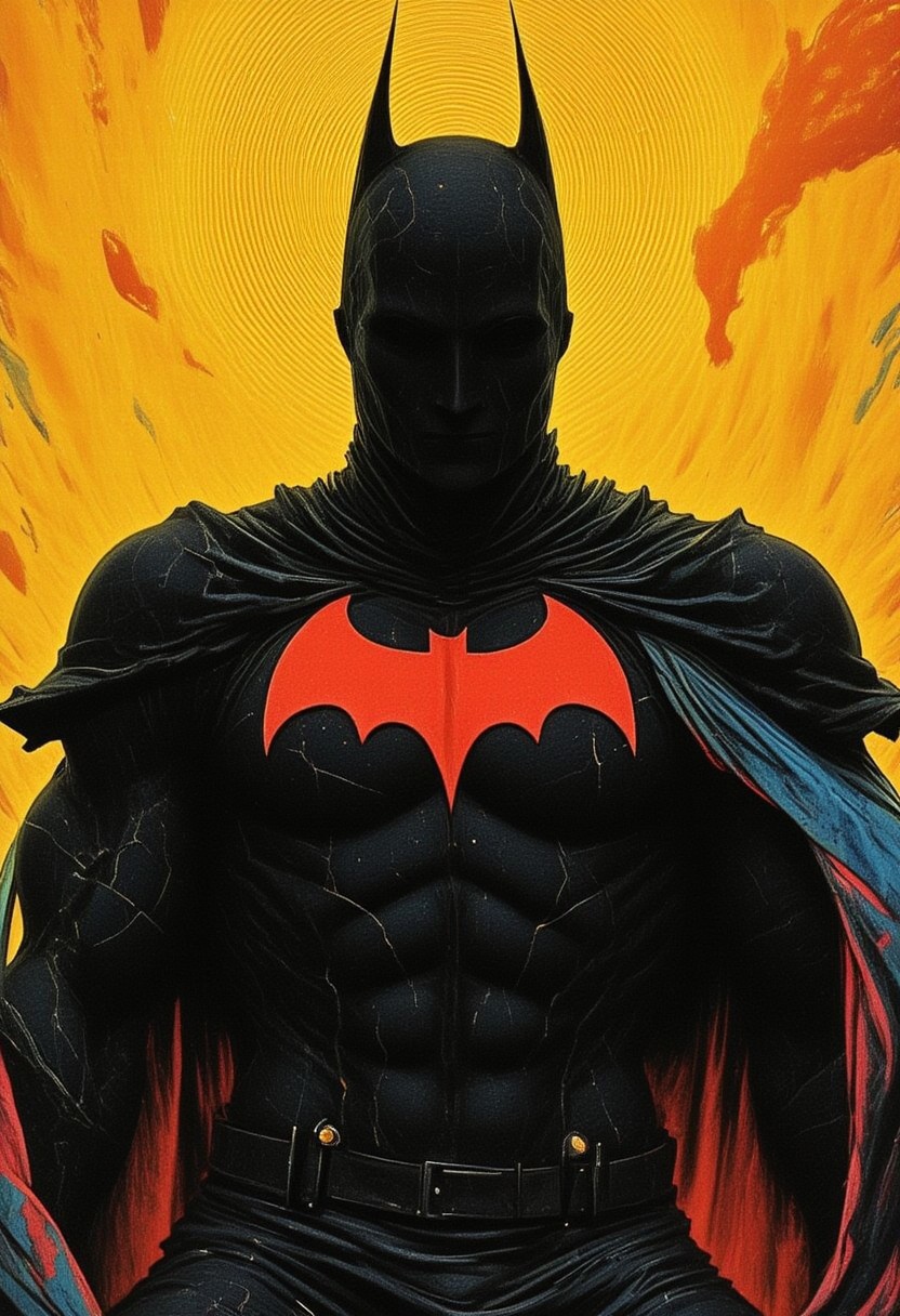 m100-style, a muscular batman rising from the ashes, with a golden holy halo, distressed, deep blacks, charming mysterious, billowing translucent Rainbow colored cape, sitting calm and wise