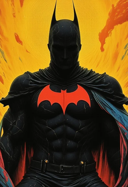 m100-style, a muscular batman rising from the ashes, with a golden holy halo, distressed, deep blacks, charming mysterious, billowing translucent Rainbow colored cape, sitting calm and wise