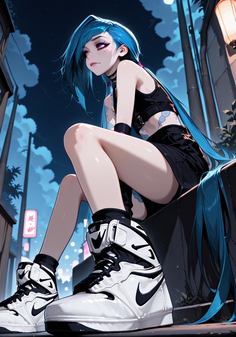 embedding:IllusP0s, (((asymmetrical bangs, long hair))), eyelashes, eyeliner,low angle, side view, jinx_\(league of legends\), cloud tattoo, sitting, high top sneakers, nike sneakers, outdoors, night, 1girl, solo,<lora:scene_queen_v2.safetensors:1.0:1.0>