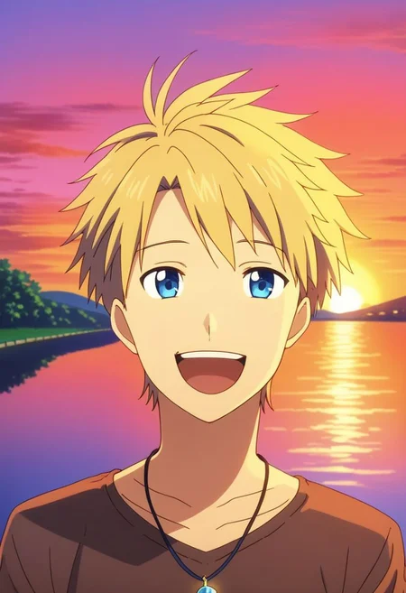 high resolution, solo, best quality, 1Boy, Yamato Ishida, Blond Hair, Blue Eyes, Necklace, laughing, very happy, sunset, looking at viewer,, OverallDetail