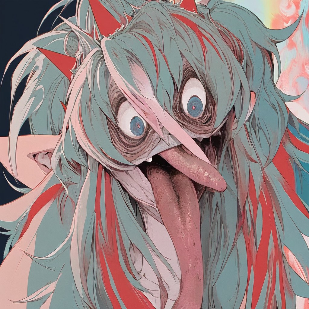 1boy, king koko, spiky hair, multi colored hair, crazy eyes, long tongue,
