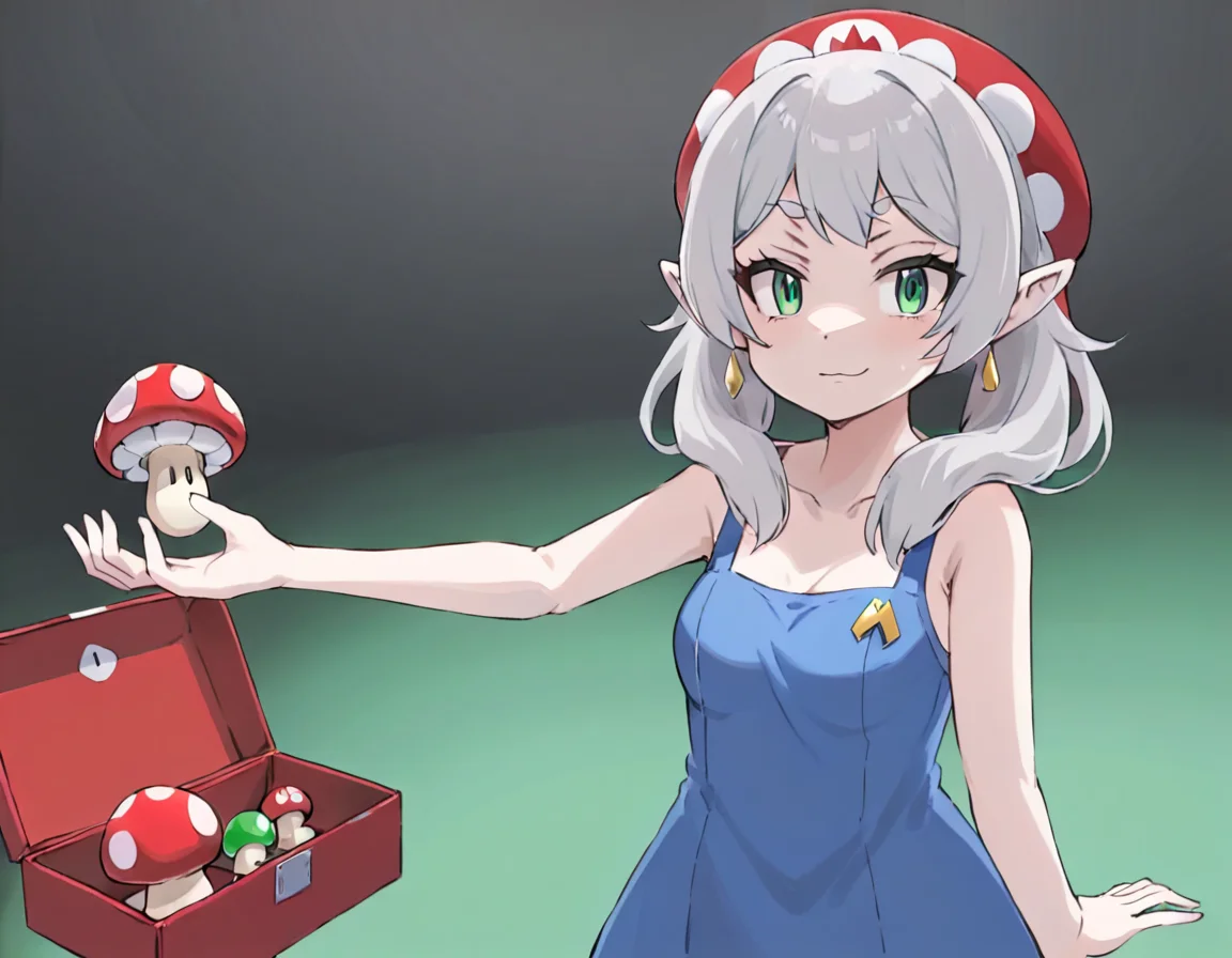 masterpiece,solo,anime-style,a mario holding a mushroom in her hand,<lora:frieren_meme-000008:0.75>, casino,squinting eyes,box