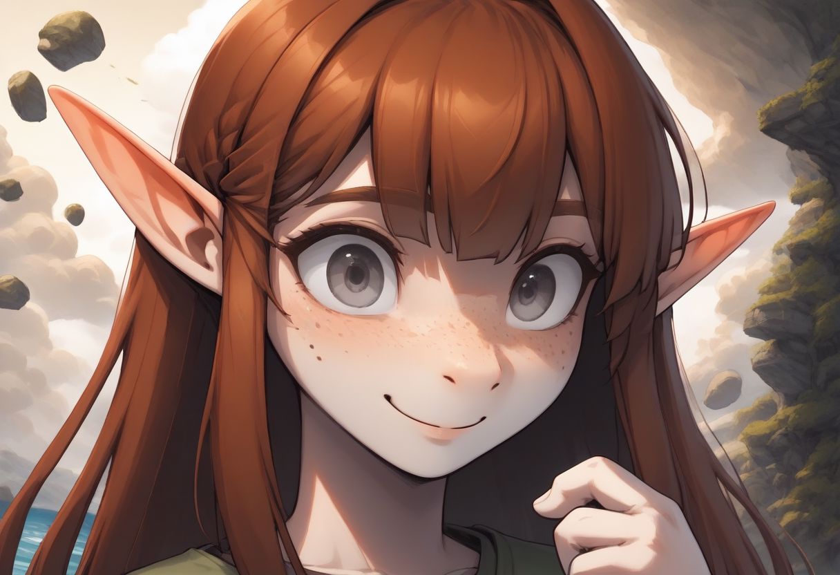 Lapanya, 1 person, solo, dynamic shot, pointy ears, ((snout nose)), flat chest, light skin, freckles, tall, ((gray eyes, gray irises)):1.2, ((smiling, friendly expression)), auburn hair, long hair, several strands of hair sticking straight up, back-length hair, average build, small nostrils, ((3 fingers 1 thumb)), baggy long-sleeve green tunic, ((blue breeches))
Falling from the sky, upside down, hair blowing in wind, falling headfirst, nosedive, midair, face towards the ground, wide eyes, wild expression
Clouds above, ocean below
clean lines, up close, upper body focus, highly detailed face, high quality, best quality,  score: 9, score: 8 up, rating: safe