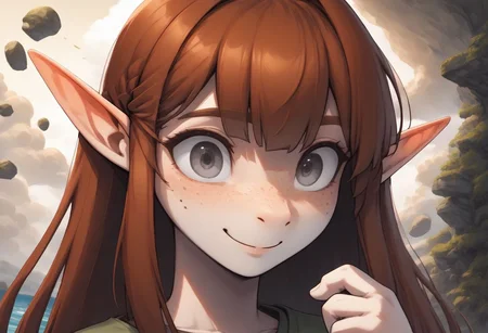 Lapanya, 1 person, solo, dynamic shot, pointy ears, ((snout nose)), flat chest, light skin, freckles, tall, ((gray eyes, gray irises)):1.2, ((smiling, friendly expression)), auburn hair, long hair, several strands of hair sticking straight up, back-length hair, average build, small nostrils, ((3 fingers 1 thumb)), baggy long-sleeve green tunic, ((blue breeches))
Falling from the sky, upside down, hair blowing in wind, falling headfirst, nosedive, midair, face towards the ground, wide eyes, wild expression
Clouds above, ocean below
clean lines, up close, upper body focus, highly detailed face, high quality, best quality,  score: 9, score: 8 up, rating: safe