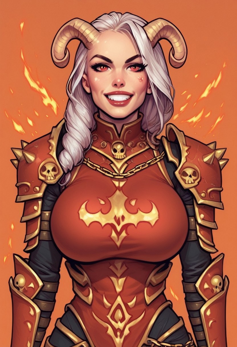 from front, (((front view))), 1girl, illustration, comic style, looking at viewer, highly detailed,
big breasts, (curvy), eyelashes, Khorne marks, ((marks of Chaos)), evil, blood, DaughterOfKhorne, (((skull))), chain, spikes, armor, 1girl, long hair, white hair, looking at viewer, smile, teeth, red eyes, straight horns, red theme, fire, shoulder armor, gauntlets, , pauldrons, full armor, demon, pretty face, space marine <lora:bolter:0.9> <lora:gstr-pdxl:0.8> <lora:Cherry-Gig:0.55> ((((full-clothed red armor))))
BREAK 
(((chaos temple background))) score_9, score_8_up, score_7_up, score_6_up, source_cartoon, rating_explicit, Expressiveh, (((((upper body, full body))))), dynamic pose