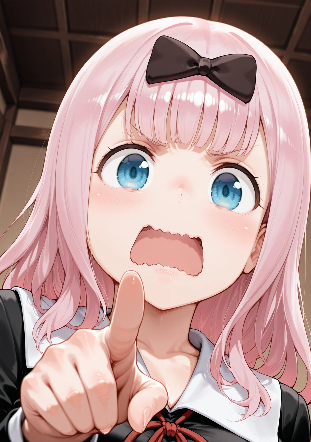 masterpiece,best quality,amazing quality,
1girl,<lora:jem:1>,fujiwara chika,pointing at viewer,(angry:0.8),from below,upper body,open mouth,serious,wavy mouth,dutch angle,