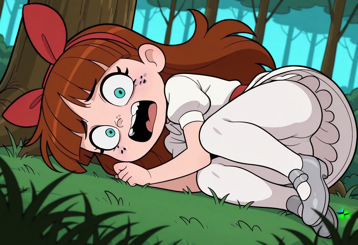 masterpiece, best quality, good quality, little girl, shortstack, 1girl, solo, freckles, blue eyes, eyelashes, perfect eyes, long hair, brown hair, straight bangs, red hairband, red hairbow, white dress, white collared dress, short sleeves, puffy sleeves, red belt, white petticoat, white pantyhose, silver shoes, lying, on the grass, under a tree, looking at viewer, scared, screaming, open mouth, on her side, curled up, forest, early morning, from below, upper body, closeup,