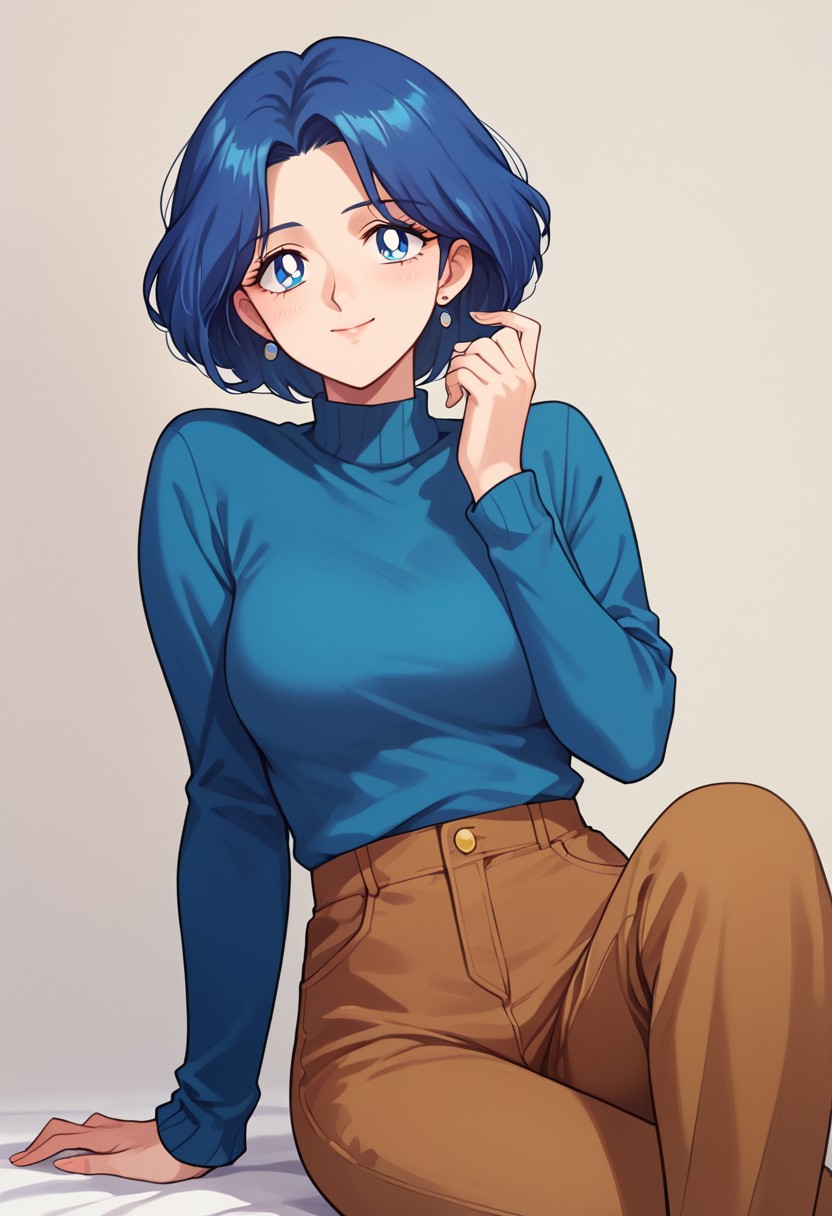(masterpiece), best quality, a 30-year-old woman with (blue bob hair) and blue eyes, she wears a (cyan blue sweater) (long sleeves) and (brown pants), light smile, mature female, motherly, score_9, score_8_up, score_7_up, source_anime, score_9, score_8_up, score_7_up, sm90s