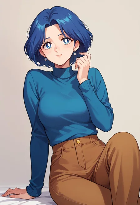 (masterpiece), best quality, a 30-year-old woman with (blue bob hair) and blue eyes, she wears a (cyan blue sweater) (long sleeves) and (brown pants), light smile, mature female, motherly, score_9, score_8_up, score_7_up, source_anime, score_9, score_8_up, score_7_up, sm90s
