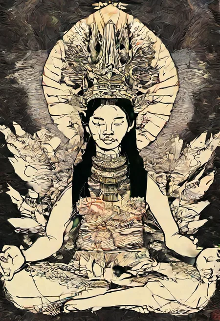 v0ng44g sk3tch, drawing, prehistorical indonesia, a young woman sitting in a meditating pose, crowned with fern leaf, organic headdress composition, in a tropical jungle, intricate hyperdetailed symmetry, dramatic top lighting, glitch effect, mandala