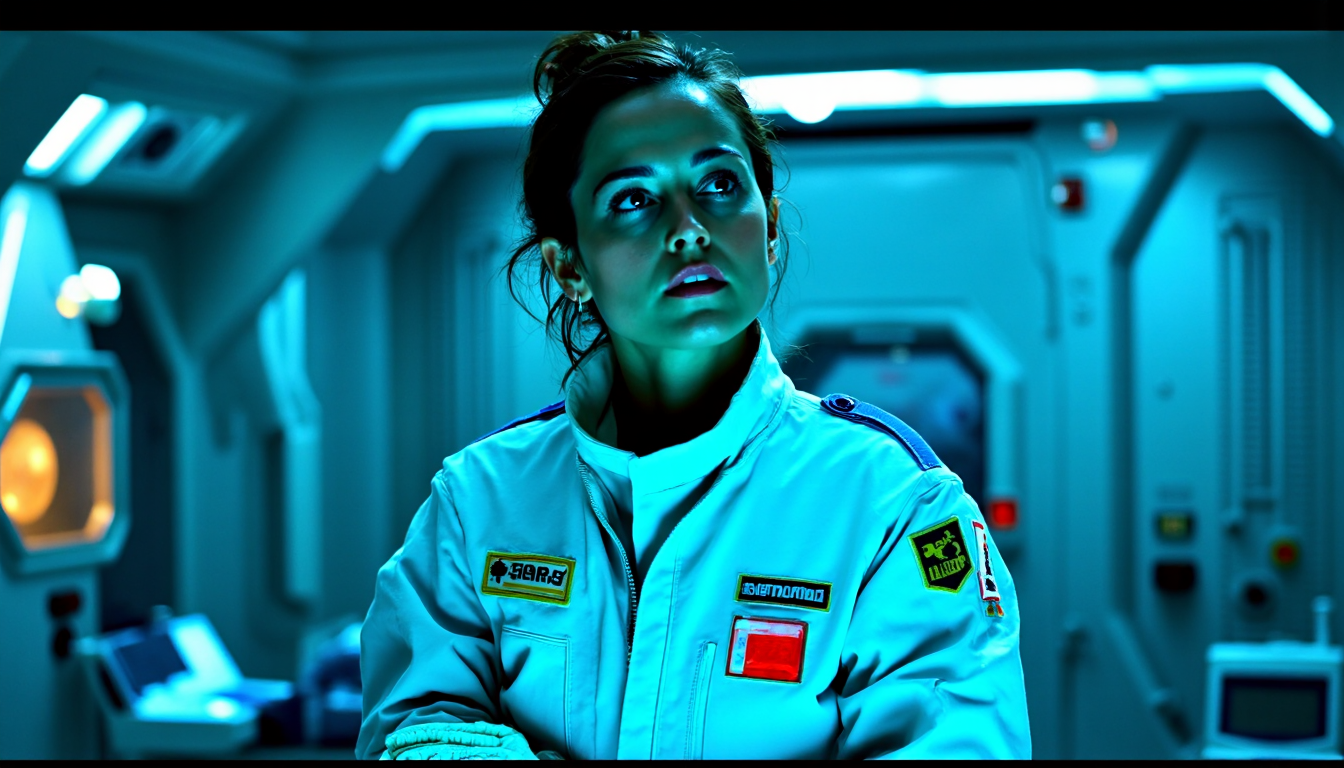 nostromo style,
woman wearing jumpsuit, sickbay, science fiction, horror,

extremely detailed:1.2, sharp:1.2, bold outlines,

sharp focus, detailed face, clear eyes, Detailed perfect hand