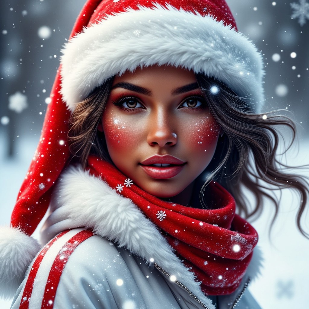 Contrail, mosaic, Fantasy realism, Storybook Illustration, double exposure, delicate detailed inspired by [Artgerm, Brian M  Viveros, Esao Andrews], red | white stripes, sharp focus, triadic colors, gorgeous african american girl, dark natural hair, peachy lips, snow suit, red santa hat, small snowflakes , dynamic pose, luminism, magic light rings, bioluminescence, 32k