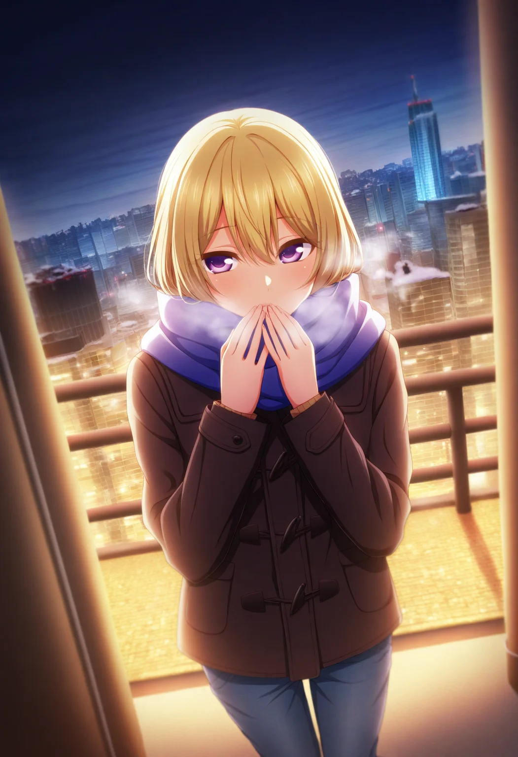 masterpiece, best quality, 1girl, solo, blonde hair, purple eyes, winter coat, scarf, jeans, outdoors, night, skyline, skyscraper, snow, winter, cold, visible breath, <lora:ChamIllustriousBackgroundEnhancer:1>